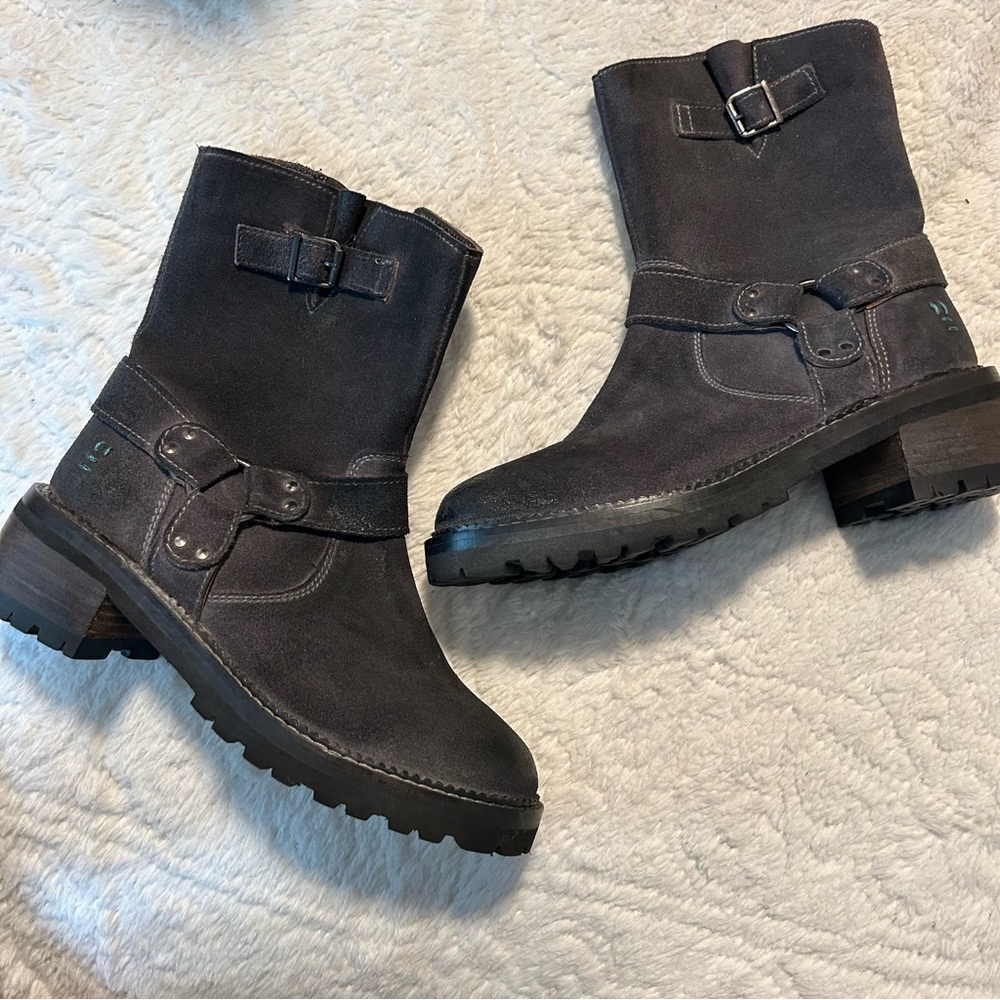 Roan By Bed Stu Suede Harness Biker Combat Moto Boots Sz 6.5 Zipper Chunky Heel